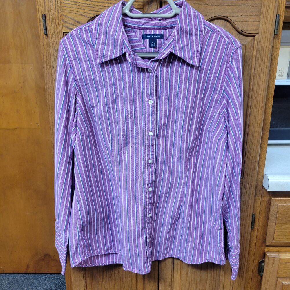 Tommy Hilfiger Mens Purple With White Pink and Blue Striples Button Up Shirt XL